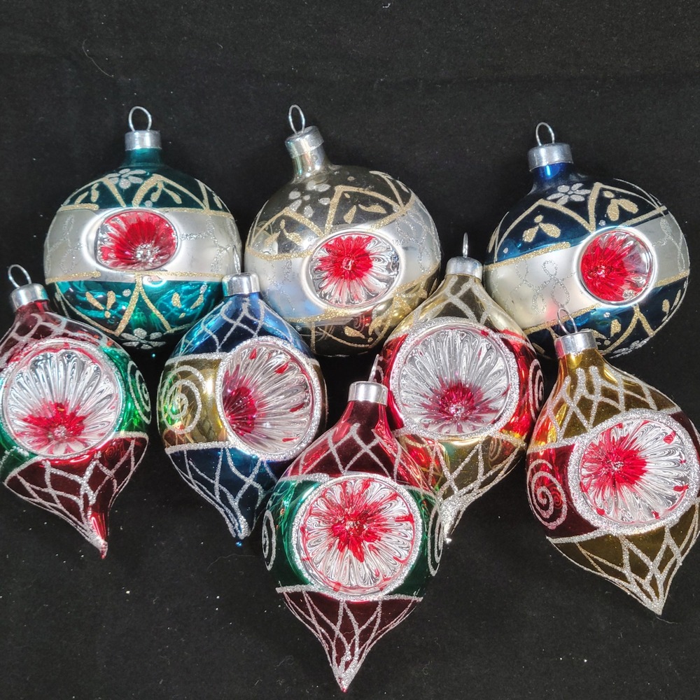 Vtg Glass Christmas Ornaments Set 8pc‎ Multicolor Indent Teardrop Ball Glitter